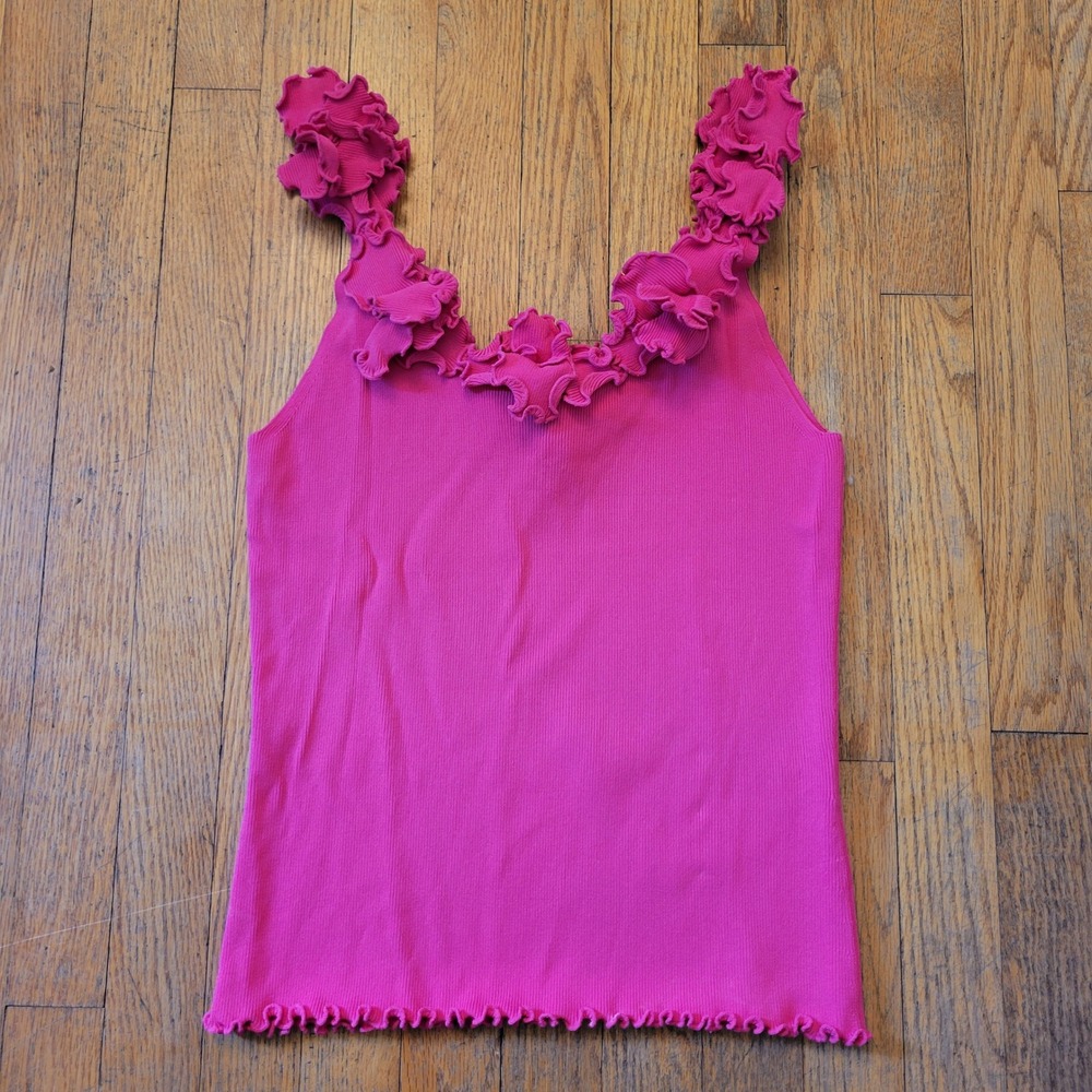 Venini L Tank Top Pink Ruffle V Neck Ribbed 3D Trim Barbiecore Beach Coastal Y2K